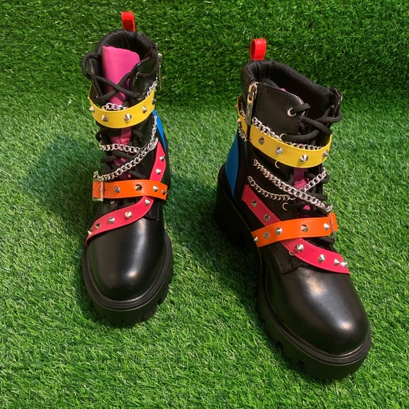 Platform Combat Boots with Multicolor Straps - Picture 11 of 12